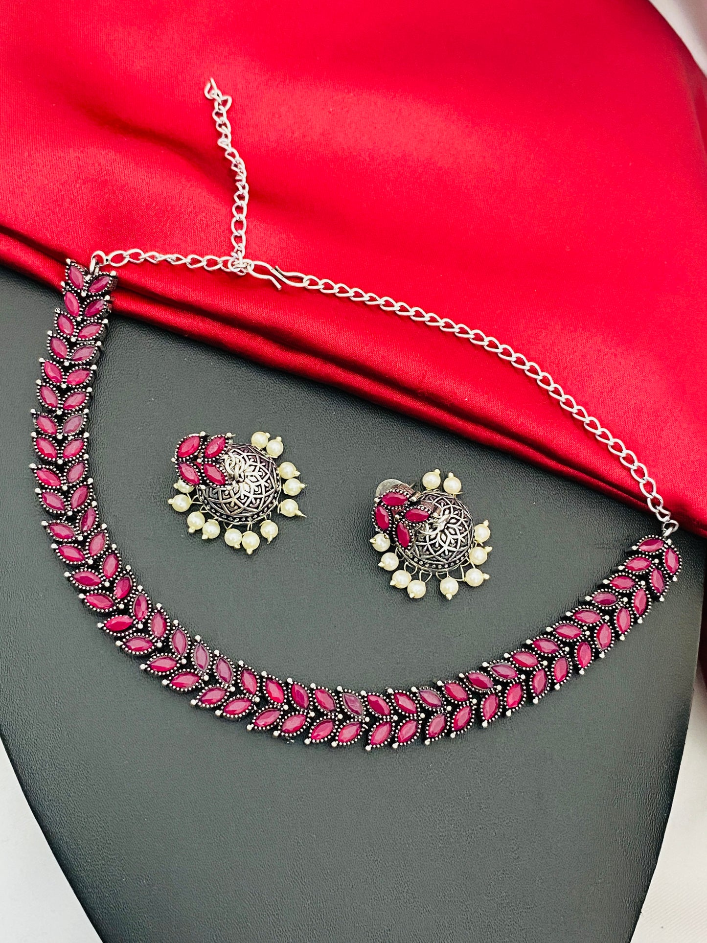 Leaf Designed Silver Oxidized Necklace Set With Jhumka Earrings in Yuma