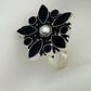 Alluring Black Stone Studded Floral Designed Adjustable Rings With Pearl Bead