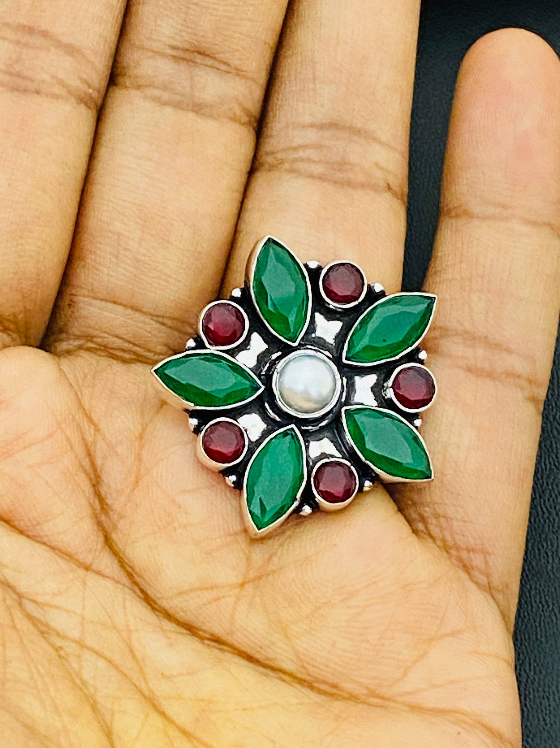 Emerald And Ruby stone Beaded Designer Ring Near Me