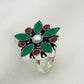 Elegant Emerald And Ruby stone Beaded Designer Ring With Pearl Bead For Women