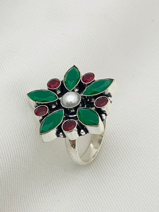 Elegant Emerald And Ruby stone Beaded Designer Ring With Pearl Bead For Women