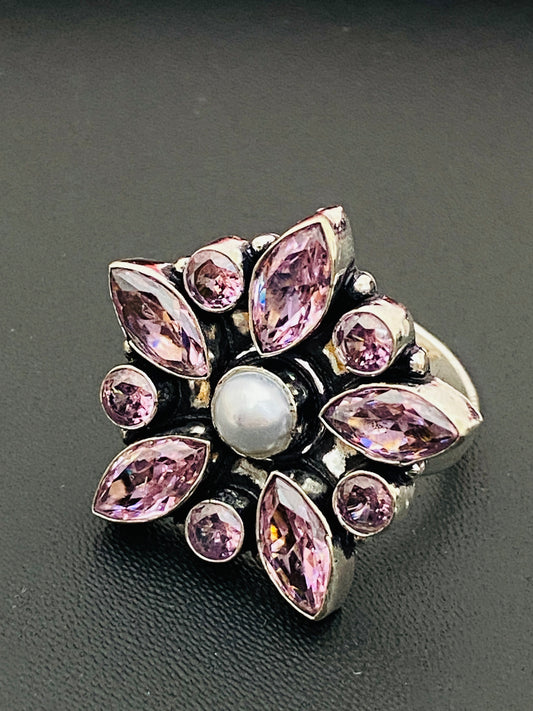 Attractive Bright Pink Cherry Blossom Flower Designed Wedding Decoration Ring With Pearl Bead