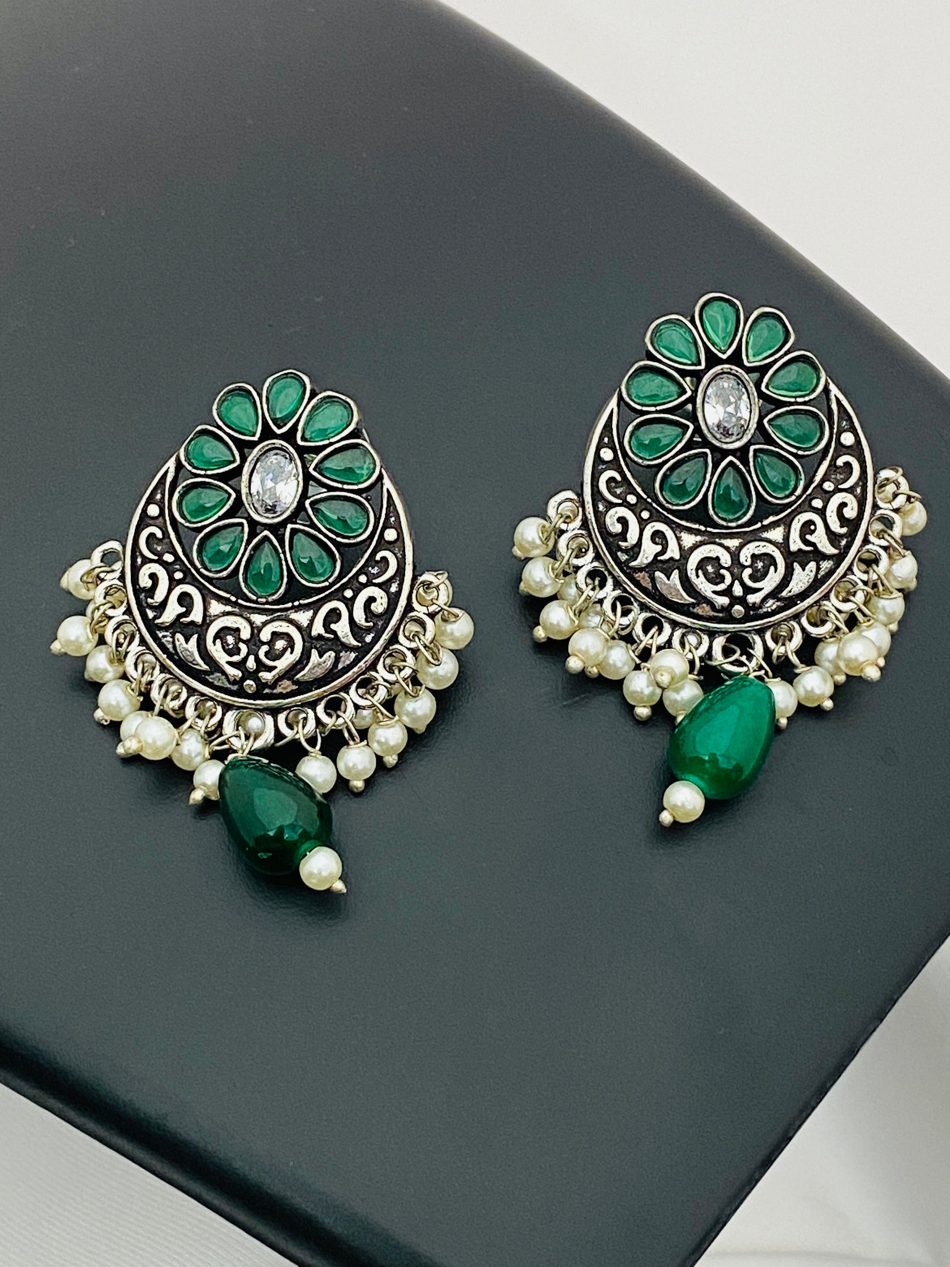 Emerald Stone Beaded Silver Plated Oxidized Earrings in USA