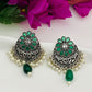 Pleasing Emerald Stone Beaded Silver Plated Oxidized Earrings With Pearl Beads