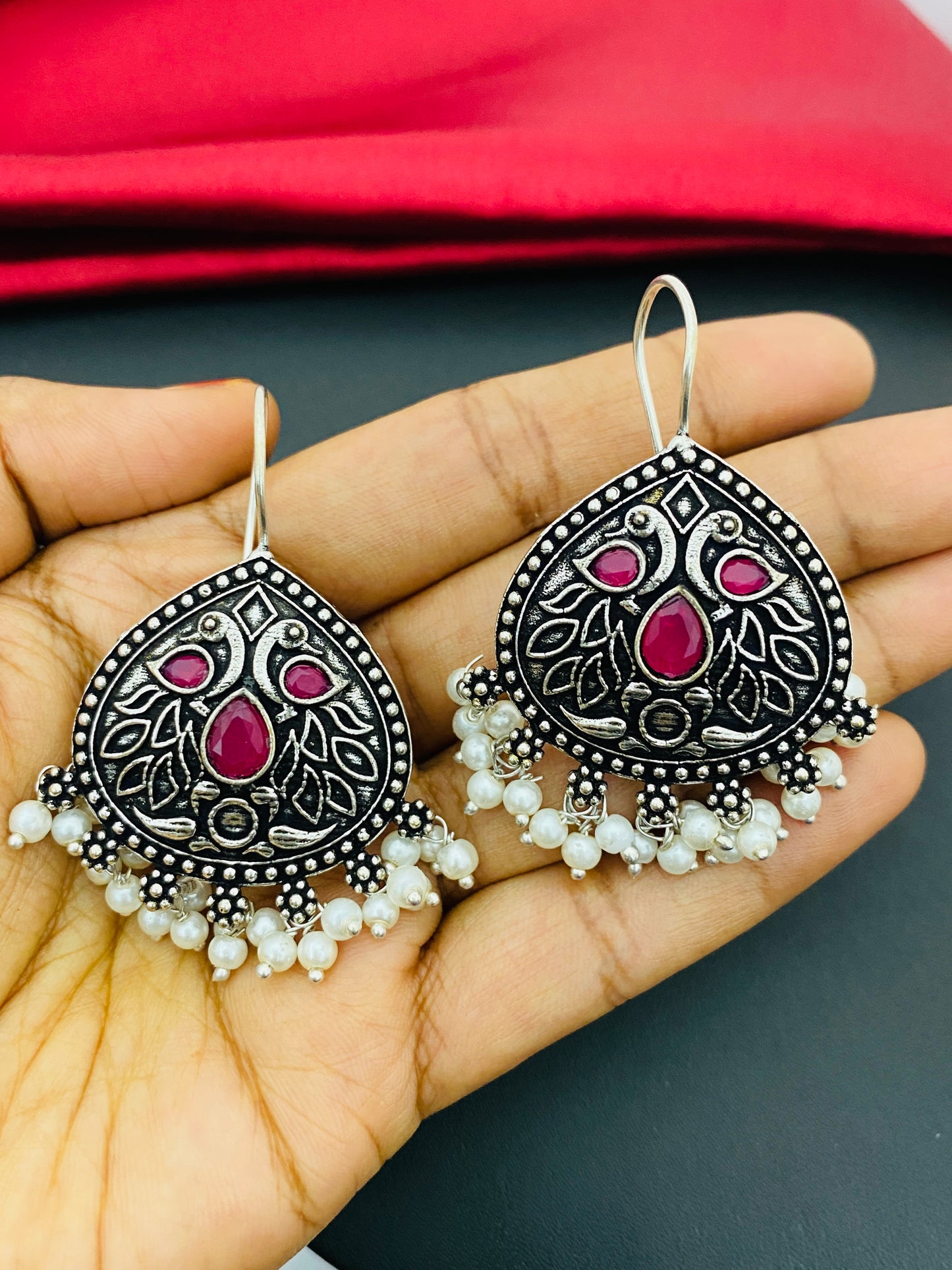 Peacock Designed Oxidized Dangler Earrings With Ruby Stones Near Me