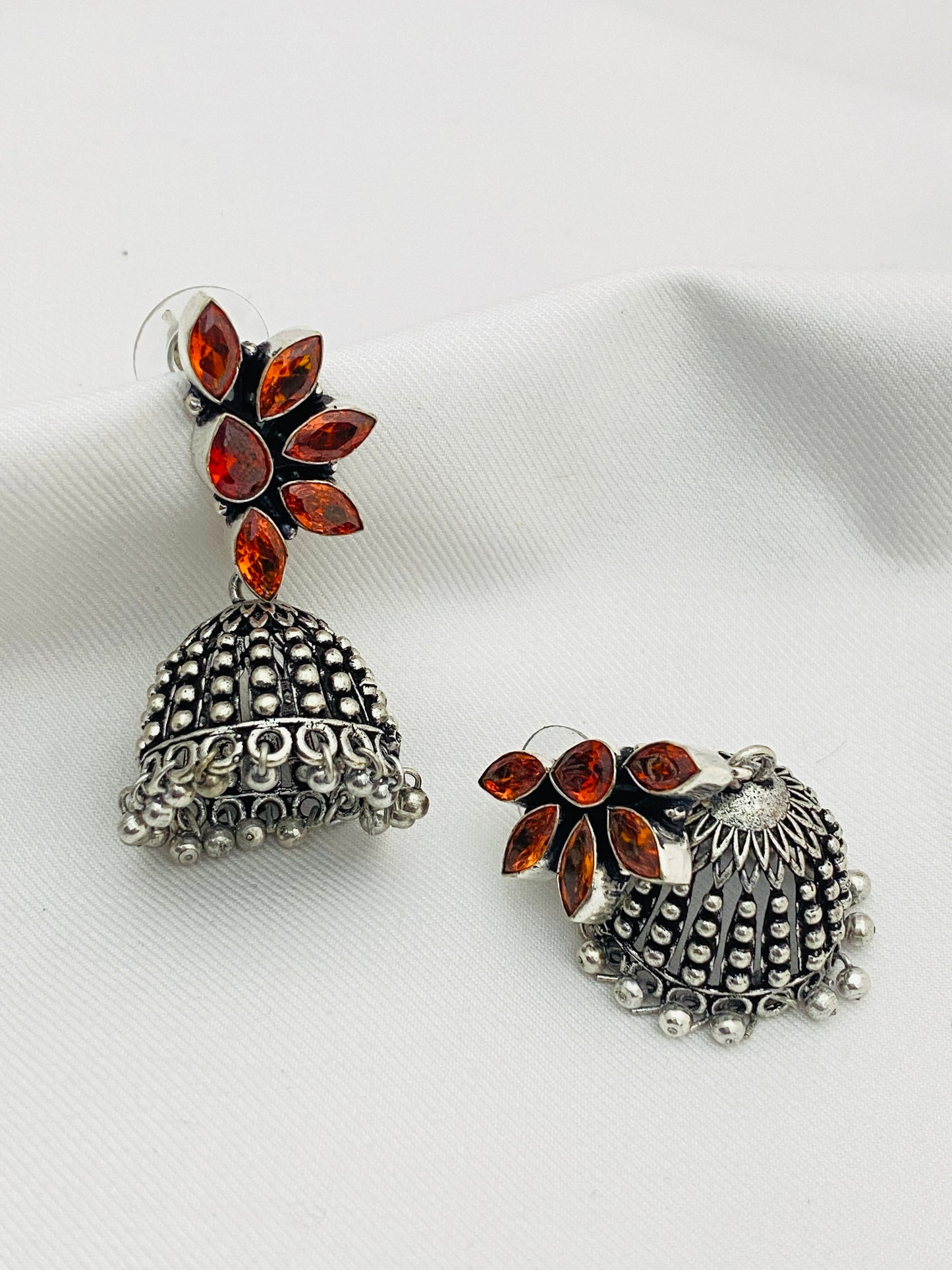 Oxidized Designer Jhumka Earrings With Floral Design in USA