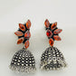 Classic Silver Plated Oxidized Designer Jhumka Earrings With Floral Design And Beads For Women