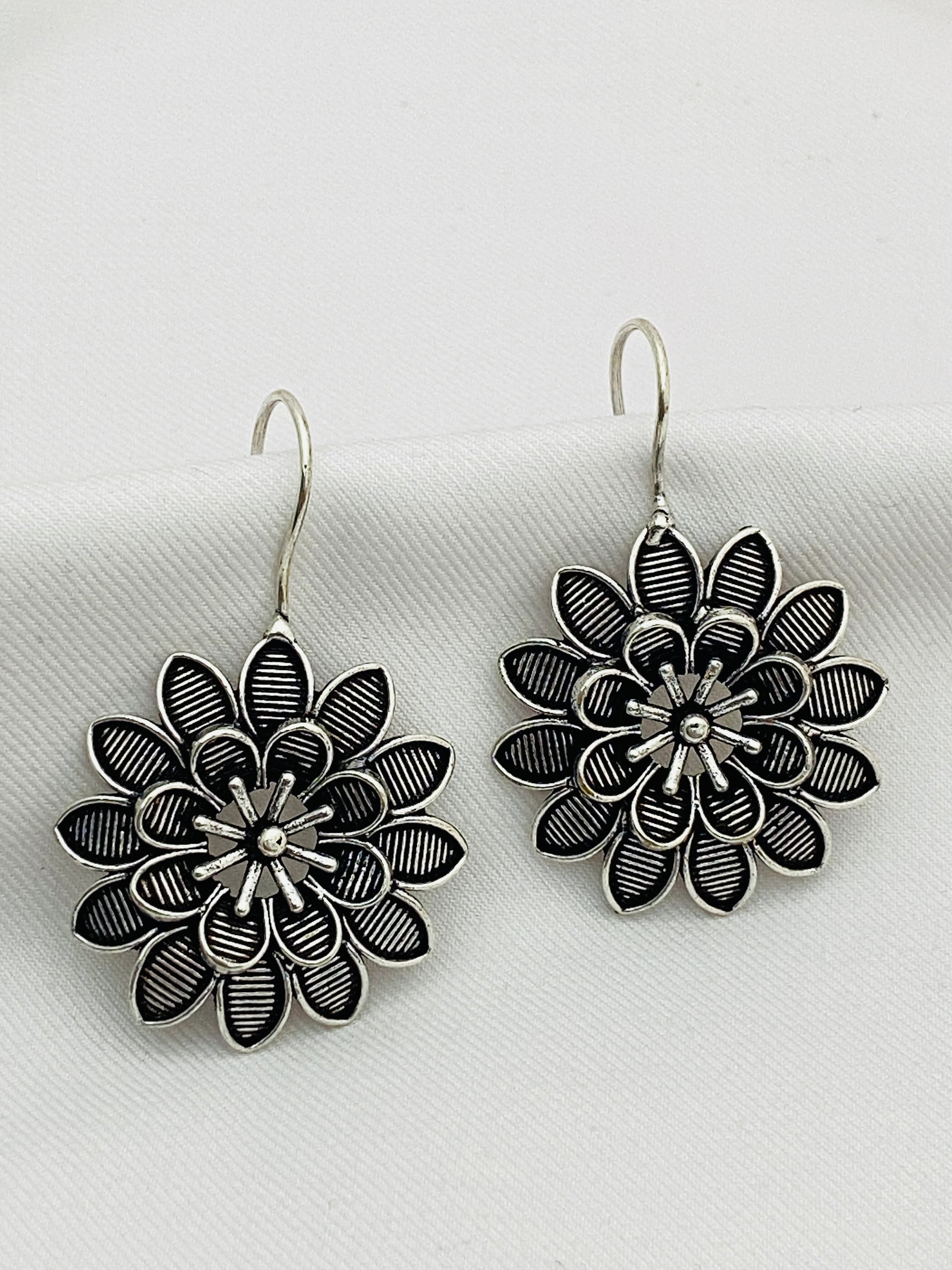 Dazzling Floral Designed German Silver Plated Oxidized Handmade Hook Earrings