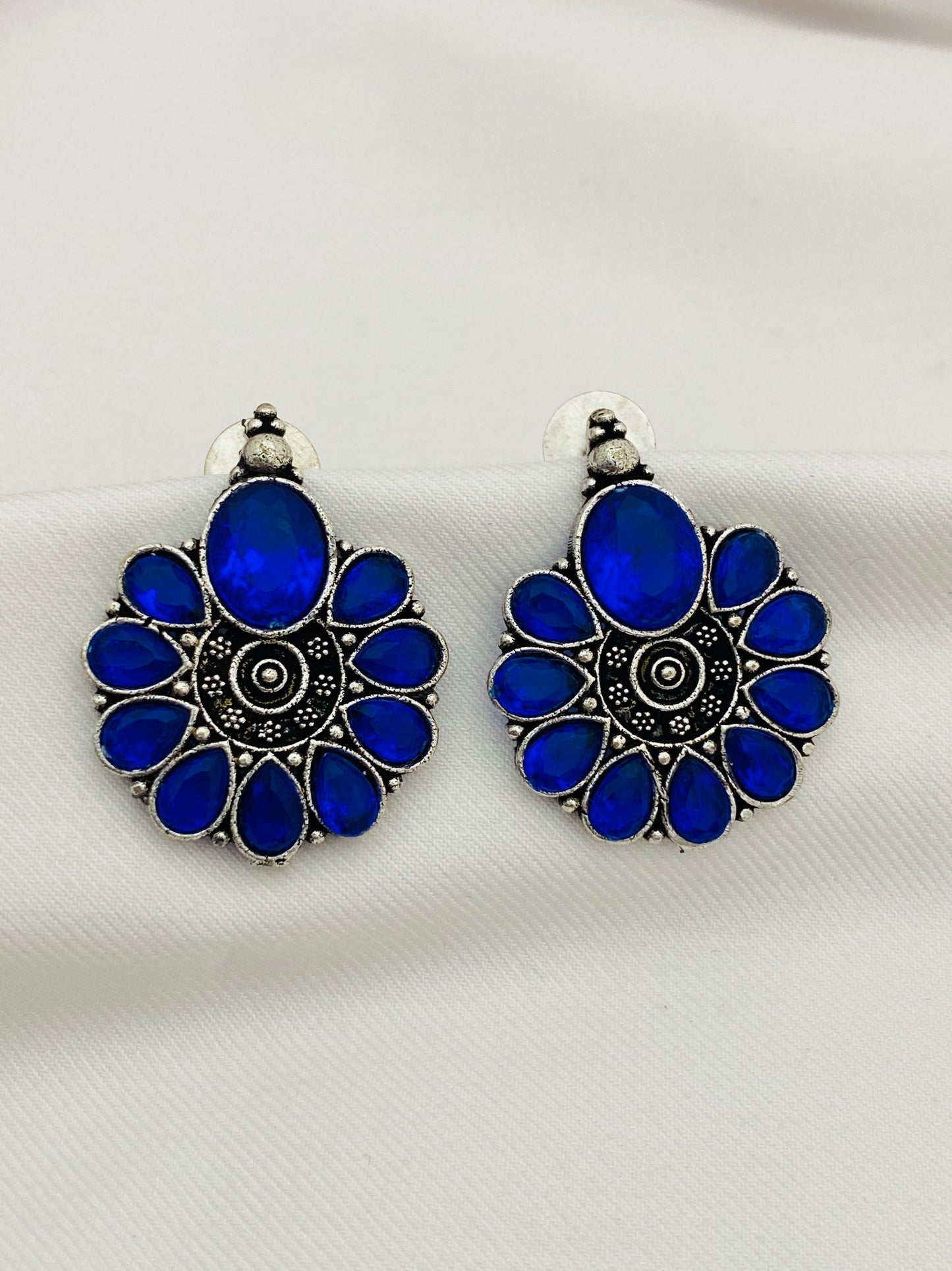 Ravishing Blue Stone Beaded German Silver Toned Oxidized Stud Earrings For Women
