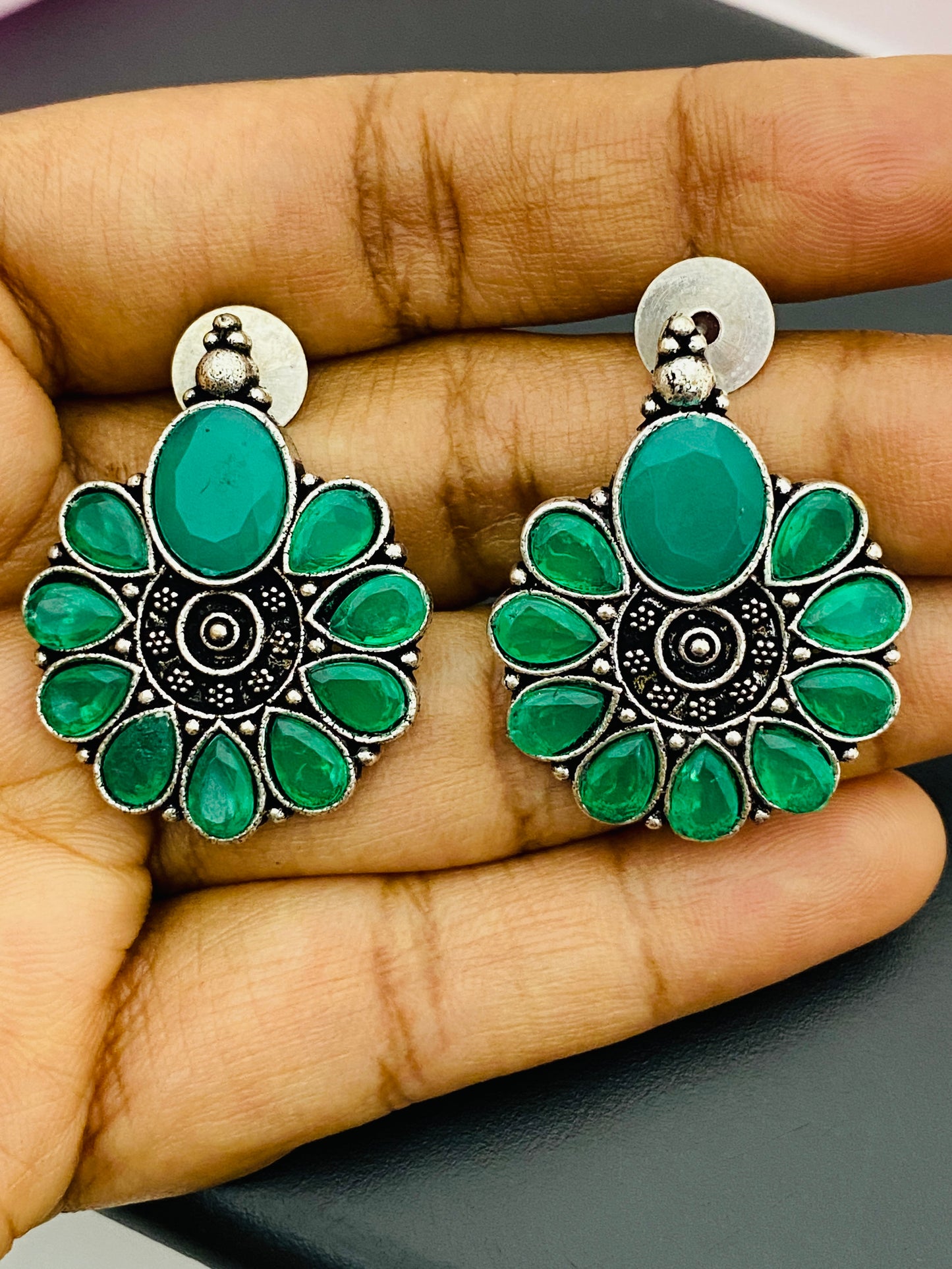 Emerald Color Blossom Floral Designed Antique Finish Sterling Silver Oxidized Stud Earrings Near Me