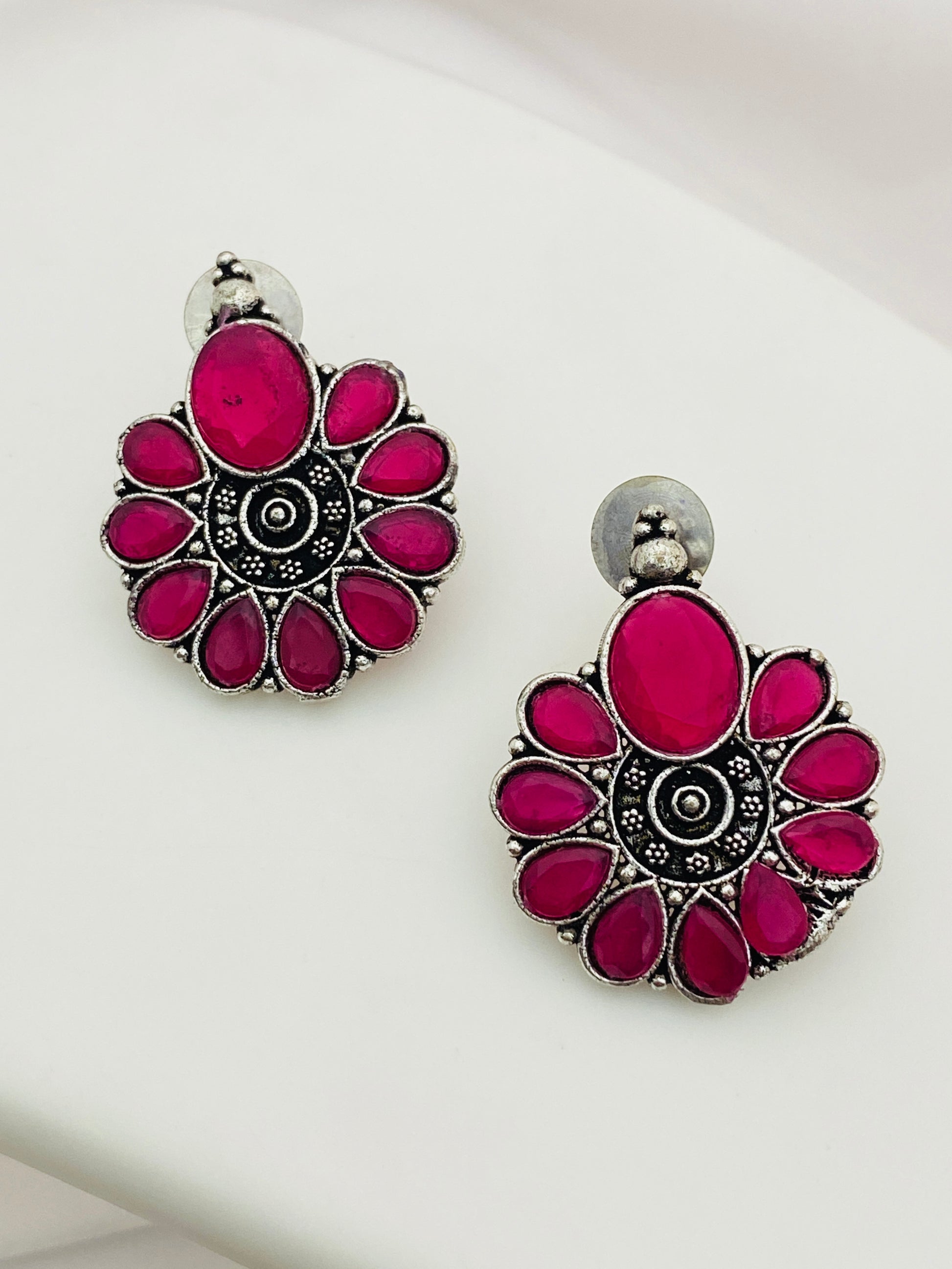 Appealing Pink Color Stone Beaded Flower Designed Silver Plated Oxidized Earrings
