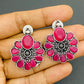  Pink Color Stone Beaded Flower Designed Silver Plated Oxidized Earrings Near Me