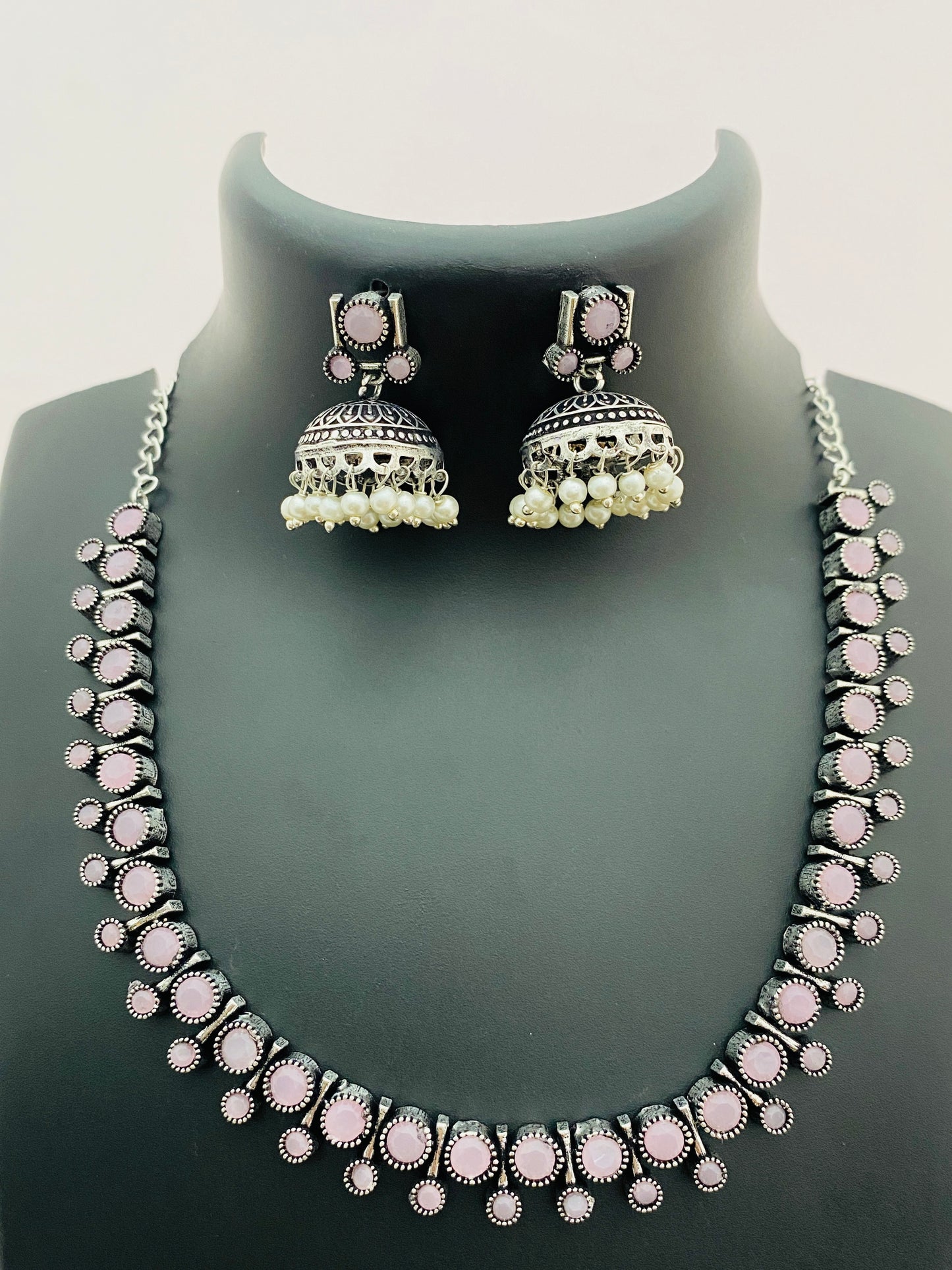 German Silver Plated Oxidized Necklace With Jhumka Earrings And Pearl Beads in Sedona