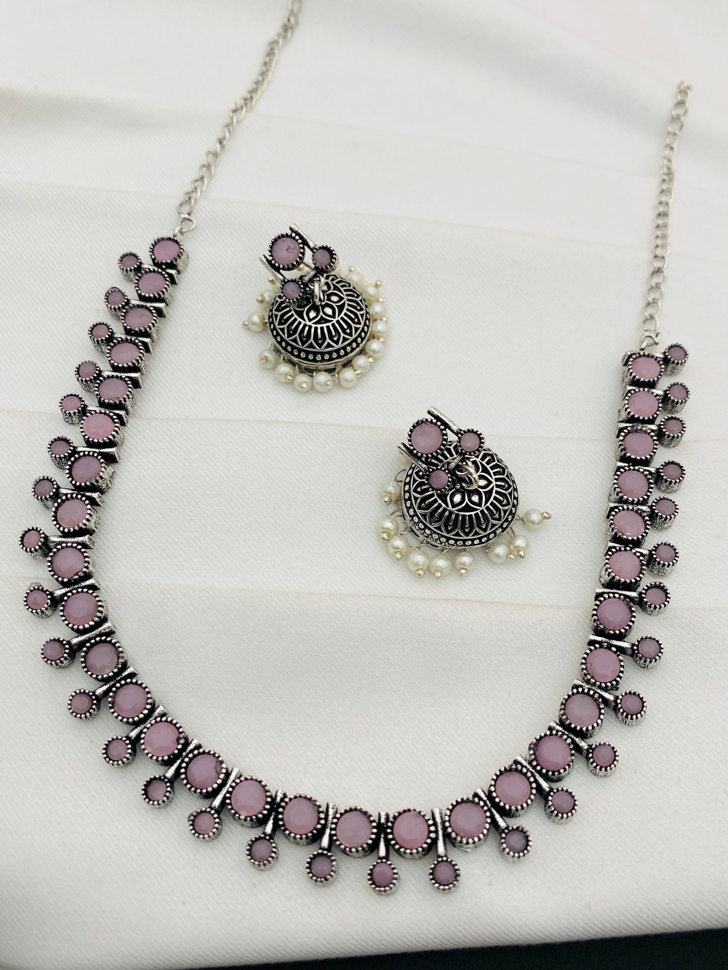 Light Pink Stone Beaded German Silver Plated Oxidized Necklace Near Me