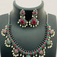 Gorgeous Multistone Beaded Flower Designed German Silver Plated Oxidized Necklace Set With Earrings And Pearl Beads