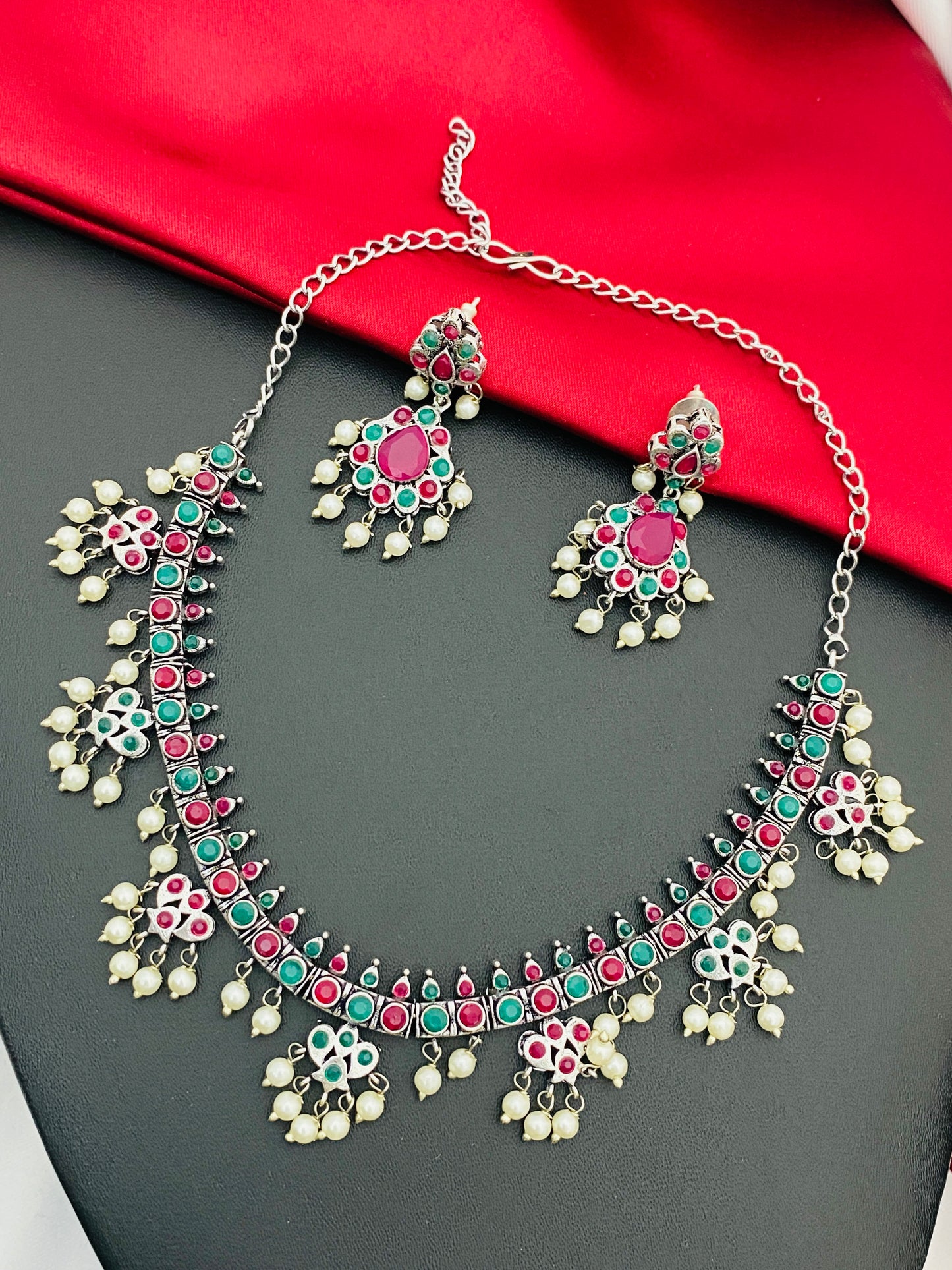 Multistone Beaded Flower Designed German Silver Plated Oxidized Necklace Set With Earrings Near Me