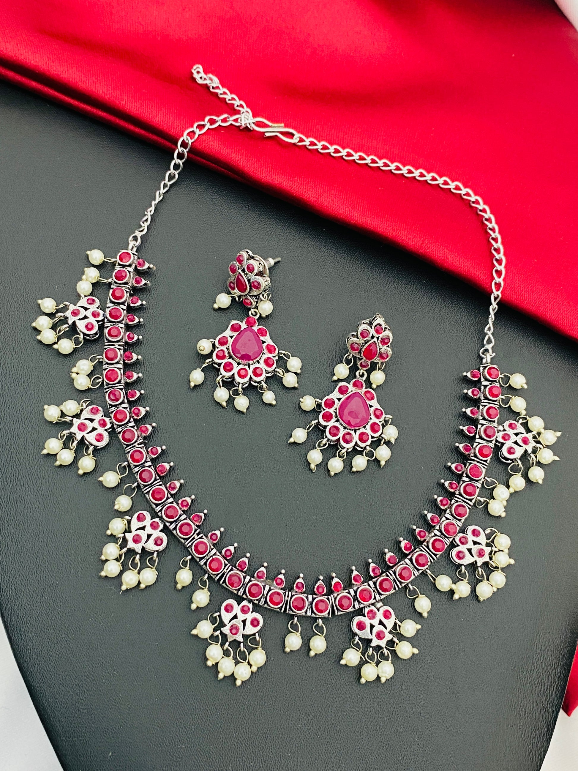Ruby Stone Studded Flower Design Silver Toned Oxidized Necklace Set Near Me