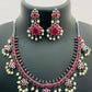 Alluring Ruby Stone Studded Flower Design Silver Toned Oxidized Necklace Set With Earrings