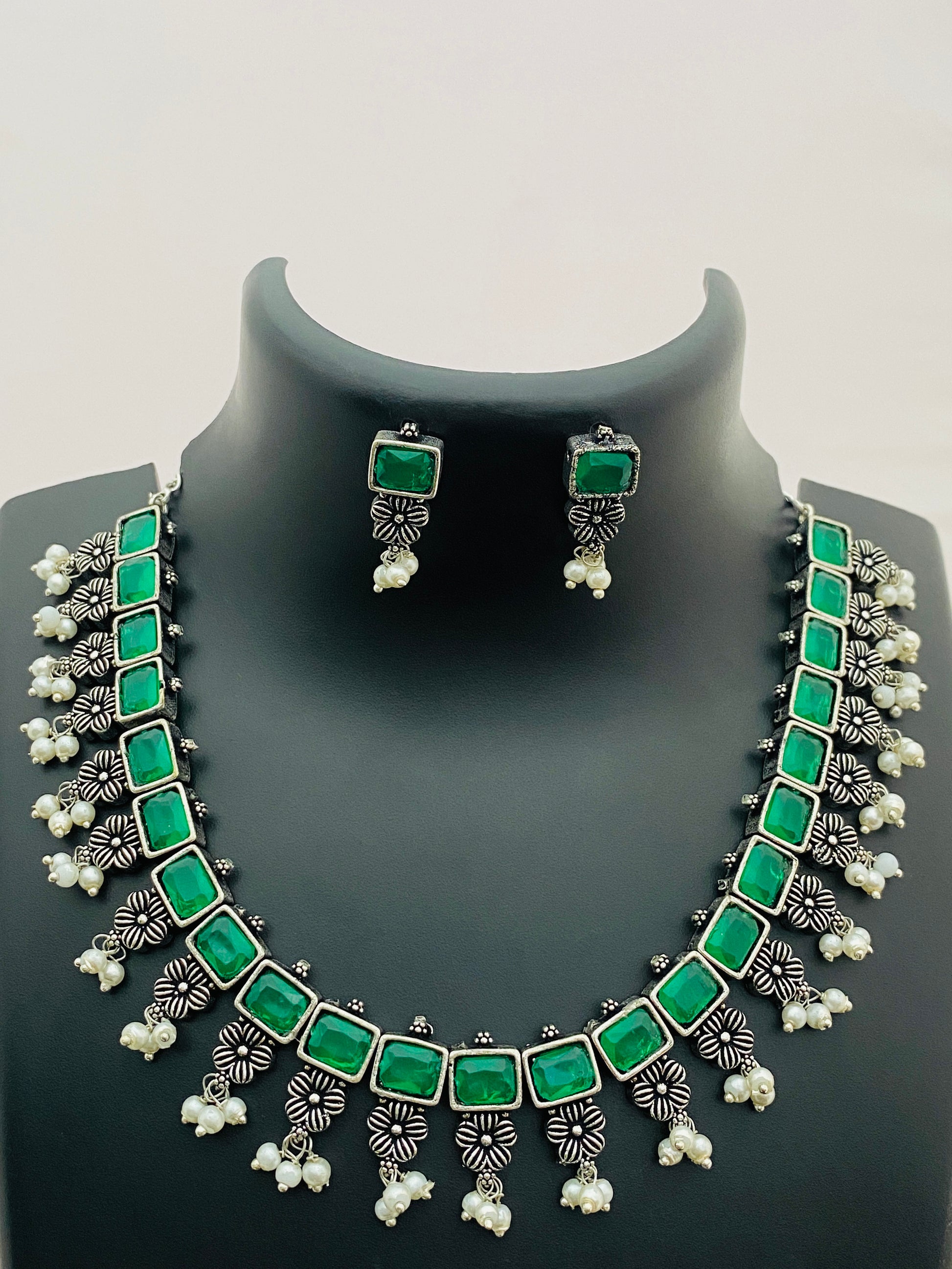 Emerald Stone Embellished Designer Oxidized Necklace Set With Earrings Near Me