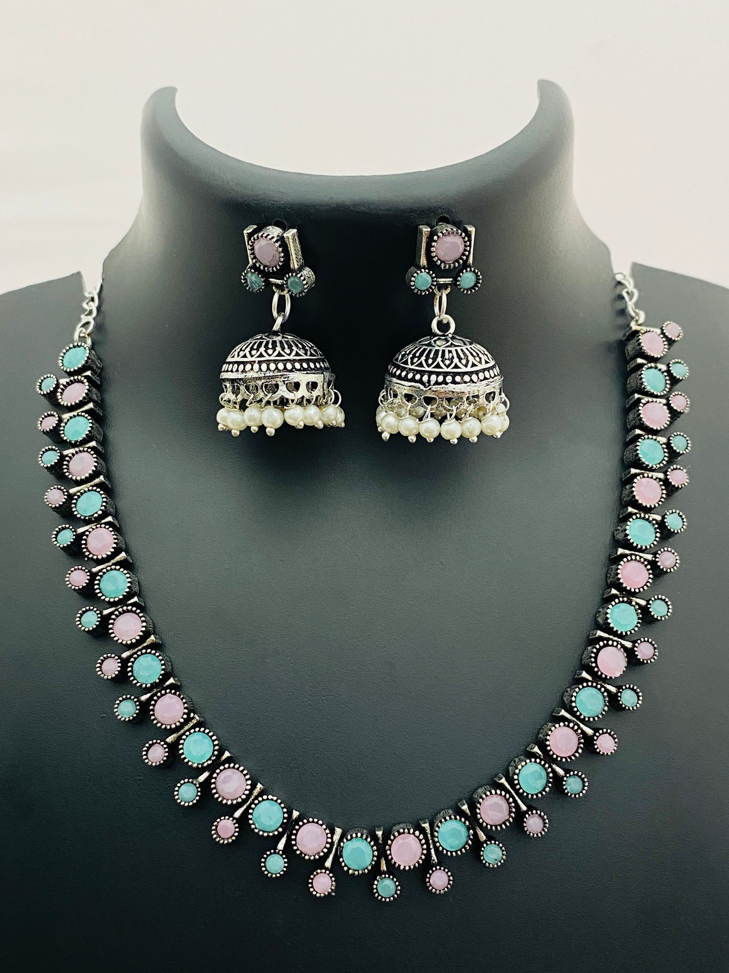 Traditional Mutistone Beaded Silver Toned Oxidized Designer Necklace Set With Jhumka Earrings
