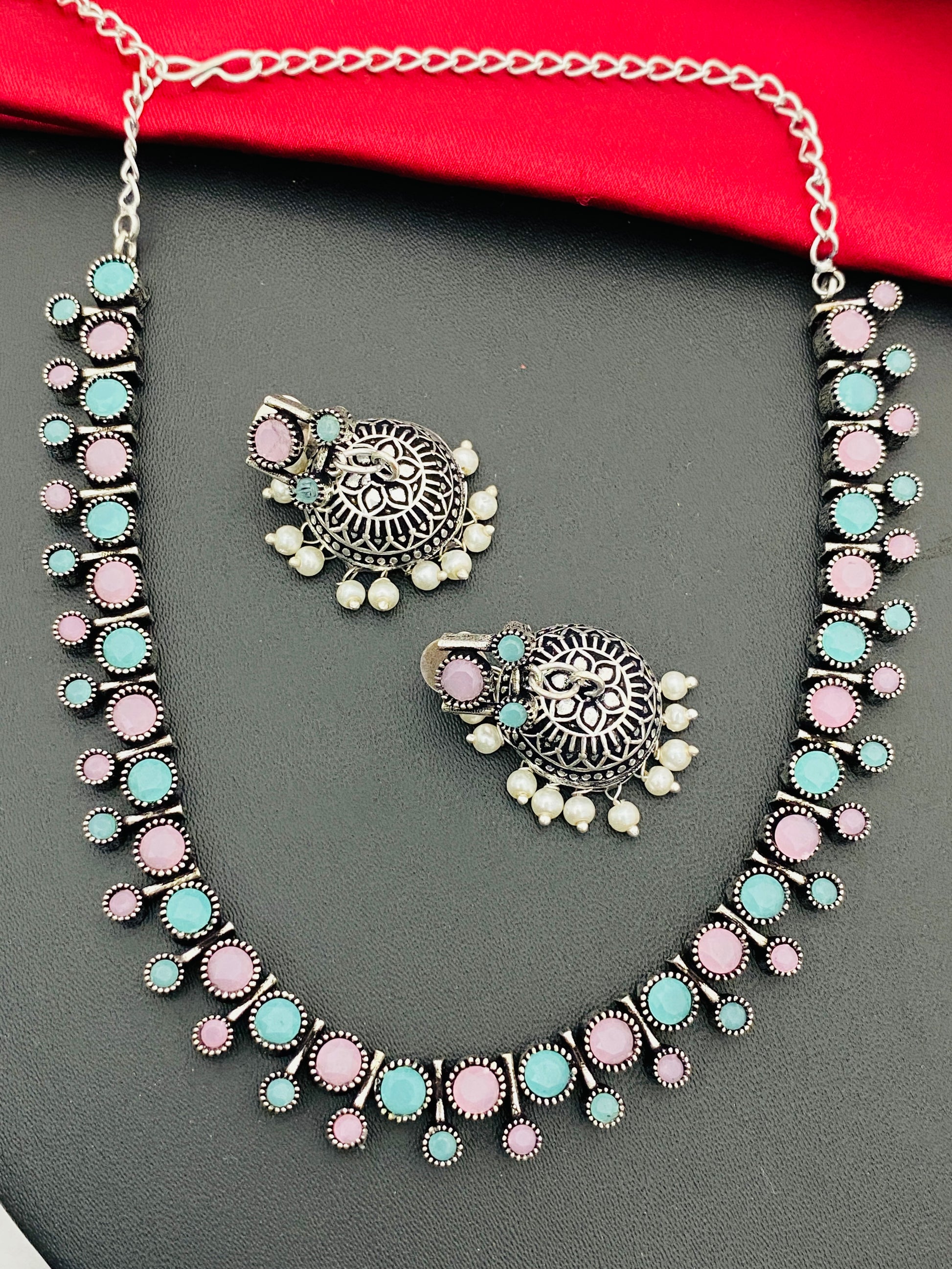 Mutistone Beaded Silver Toned Oxidized Designer Necklace Set With Jhumka Earrings Near Me