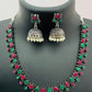 Stunning Emerald And Ruby Stoned German Silver Toned Oxidized Necklace Set With Jhumka Earrings