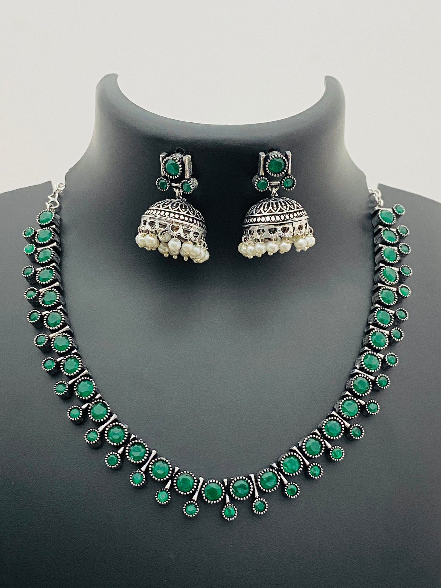 Emerald Stone Beaded Designer Silver Plated Oxidized Necklace Set Near Me
