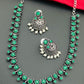 Exquisite Emerald Stone Beaded Designer Silver Plated Oxidized Necklace Set With Jhumka Earrings
