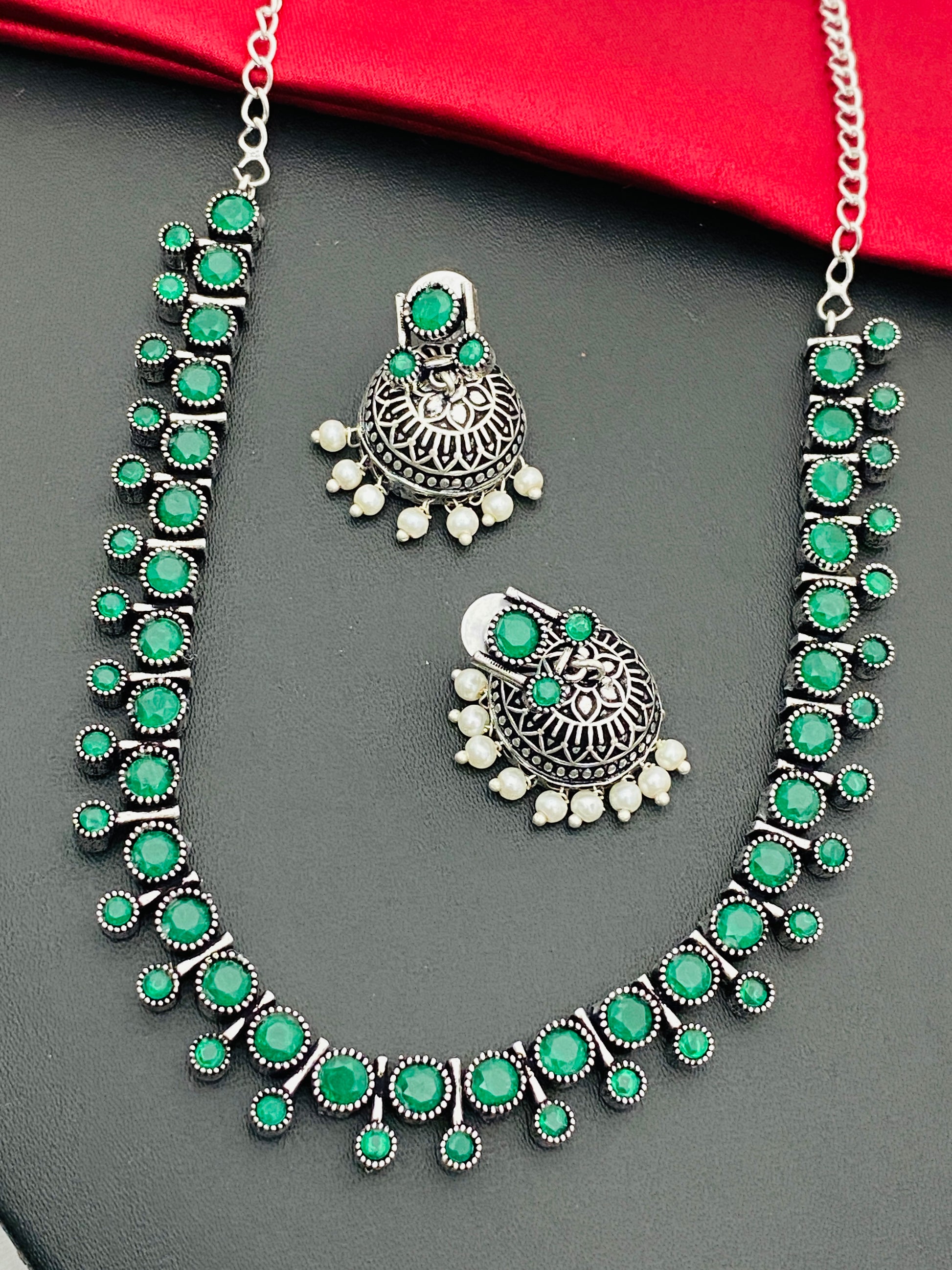 Exquisite Emerald Stone Beaded Designer Silver Plated Oxidized Necklace Set With Jhumka Earrings