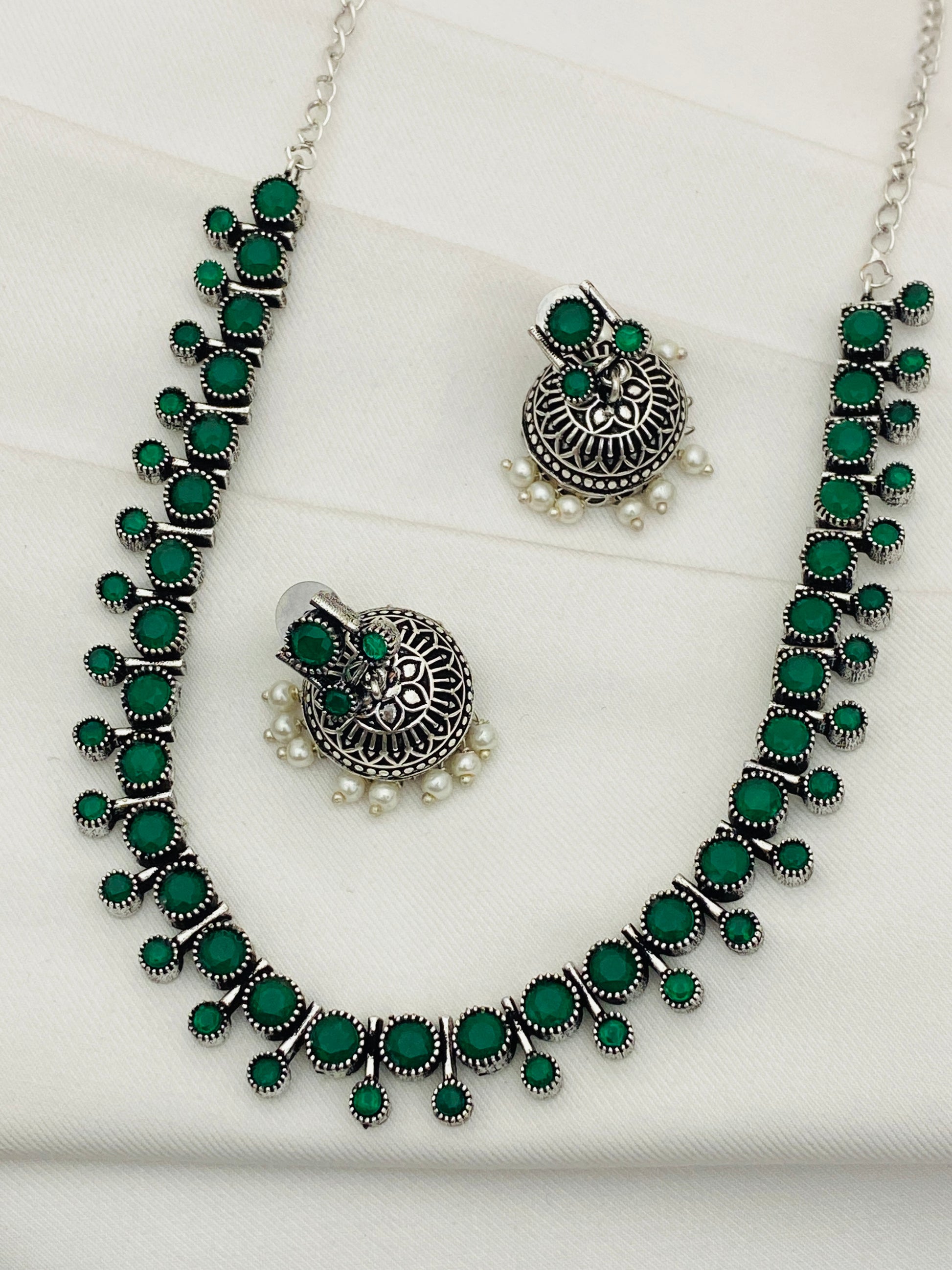 Designer Silver Plated Oxidized Necklace Set With Jhumka Earrings in Yuma