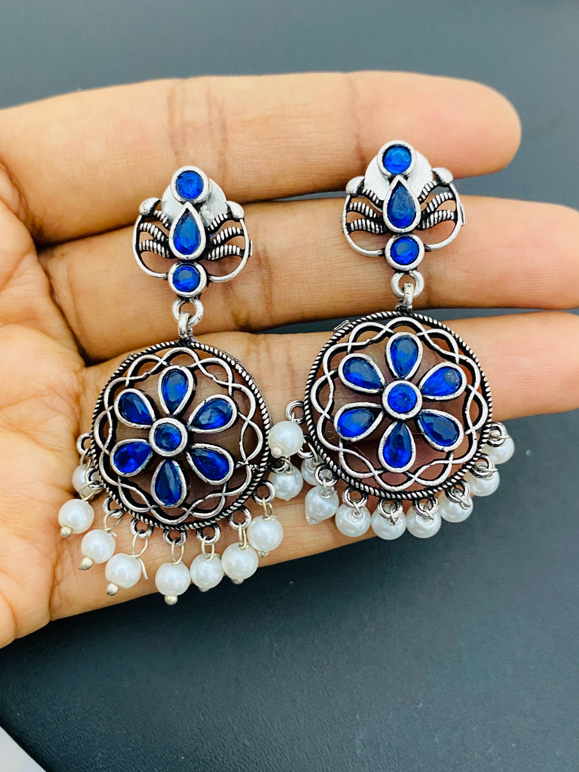Blue Crystal Studded German Silver Plated Oxidized Floral Pearl Drops Chandbali Earrings Near Me