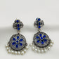 Attractive Blue Crystal Studded German Silver Plated Oxidized Floral Pearl Drops Chandbali Earrings