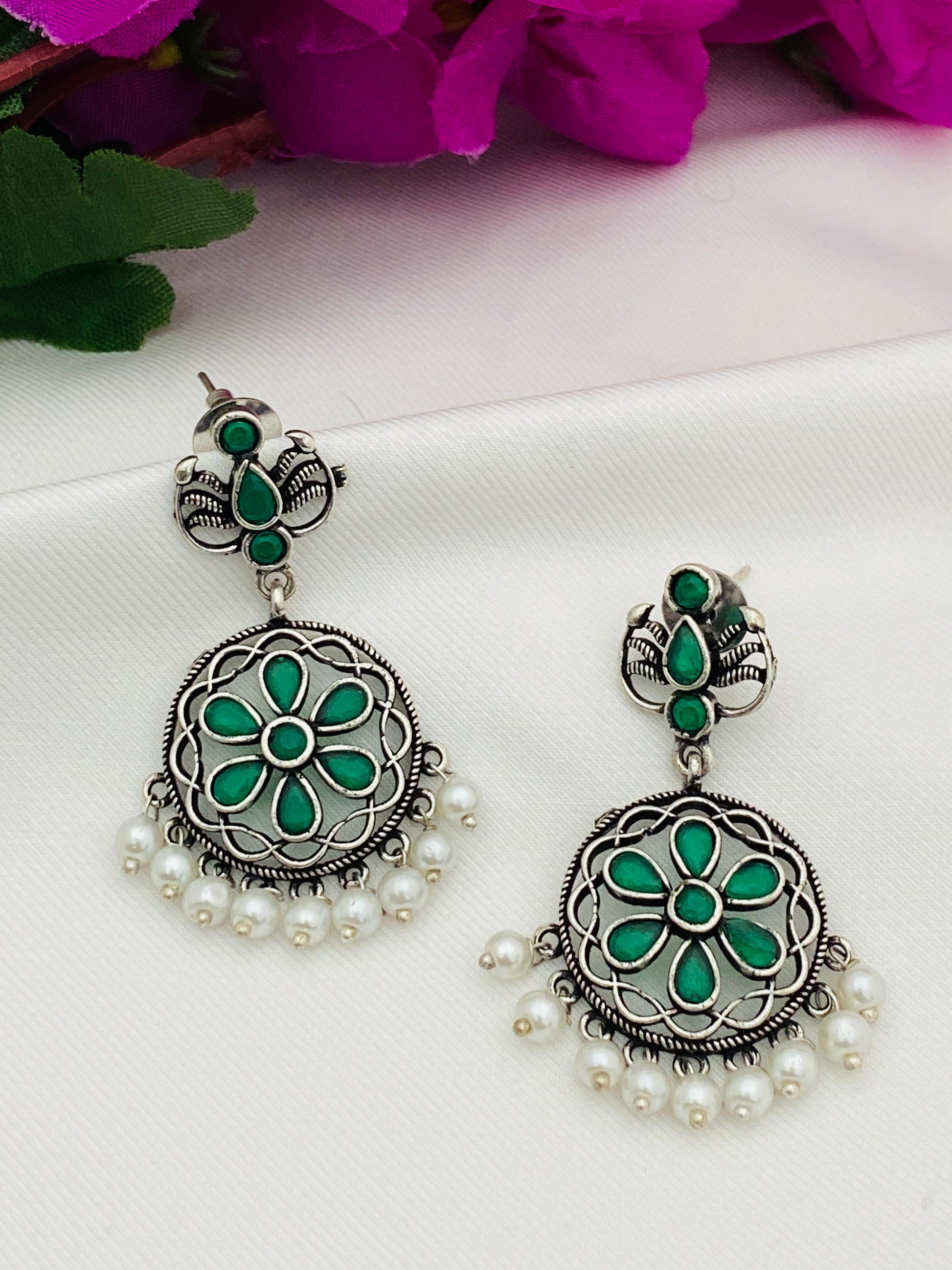 Flower Designed Silver Toned Oxidized Earrings With Pearl Drops in Scottsdale