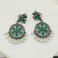 Emerald Stone Studded Flower Designed Silver Toned Oxidized Earrings in Avondale