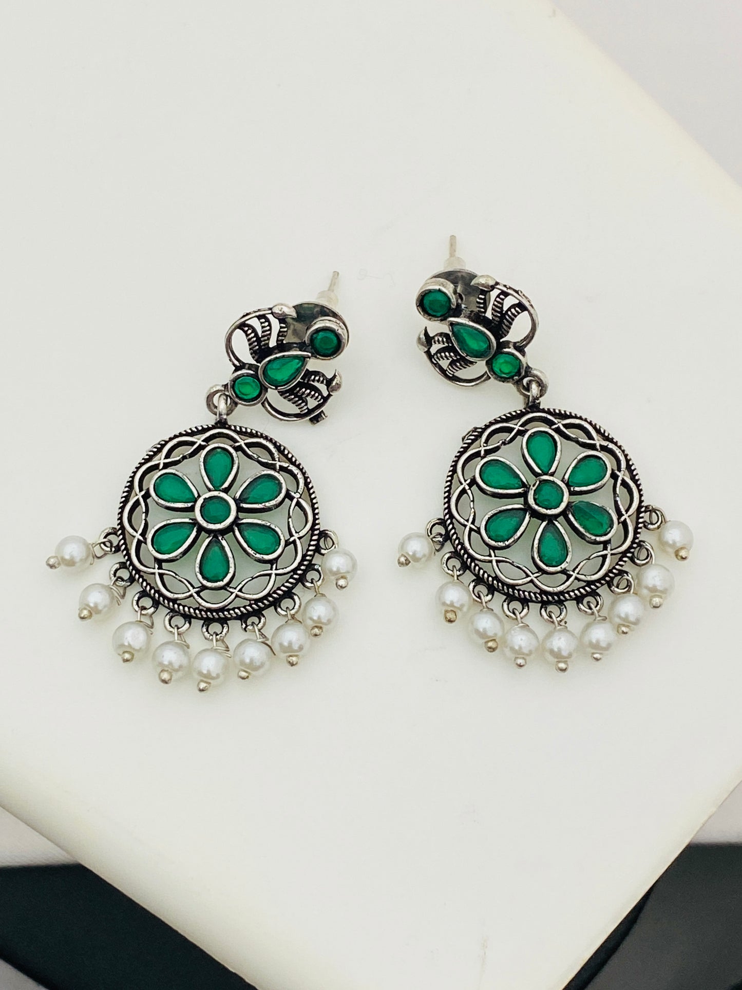 Emerald Stone Studded Flower Designed Silver Toned Oxidized Earrings in Avondale
