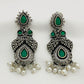 Ravishing Emerald Stone Beaded German Silver Plated Earrings With Pearl Beads