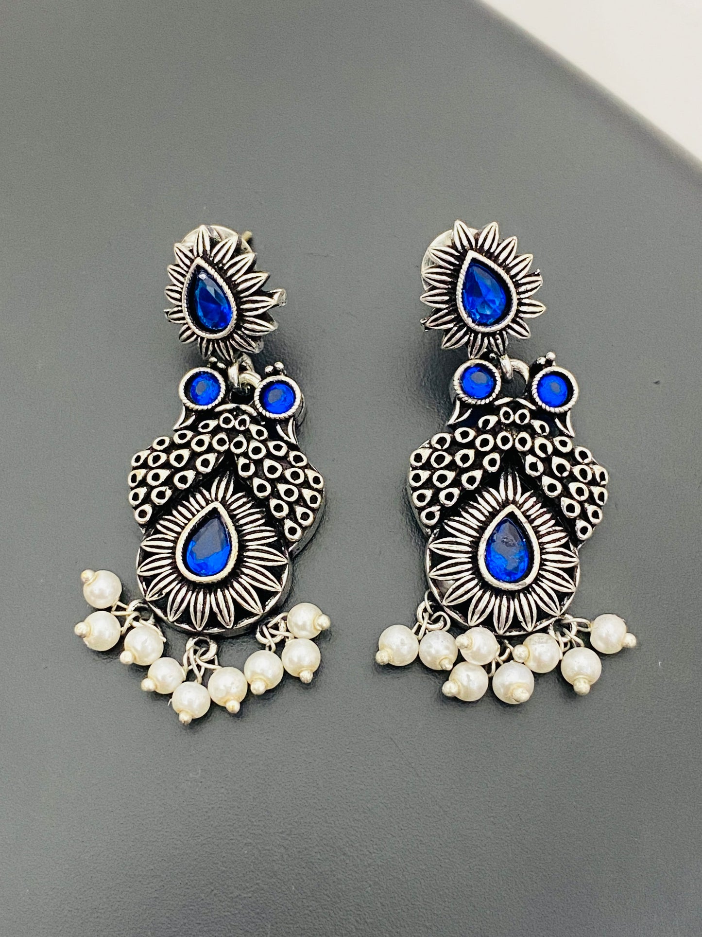 Beautiful Blue Stone Beaded Floral Design Silver Plated Oxidized Earrings With Pearl Drops