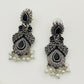 Trendy Black Stone Studded Moti Earring With Silver Toned Oxidized Plating For Women