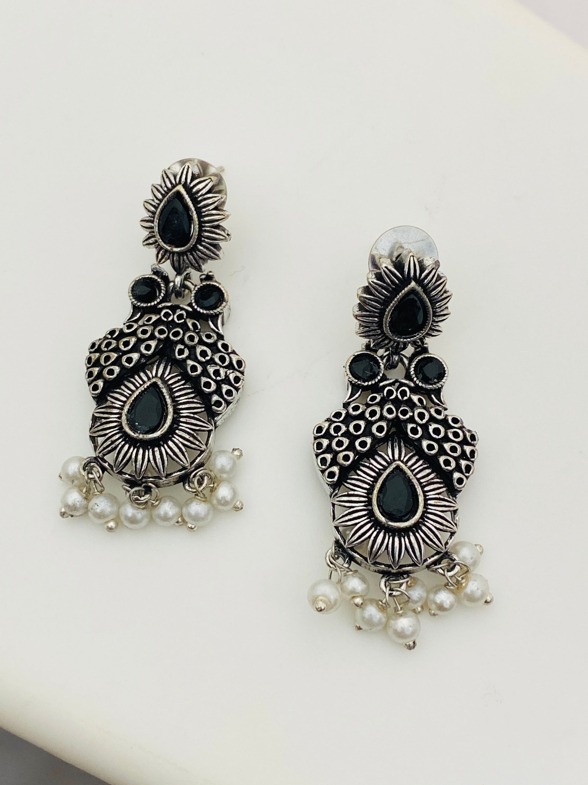 Trendy Black Stone Studded Moti Earring With Silver Toned Oxidized Plating For Women
