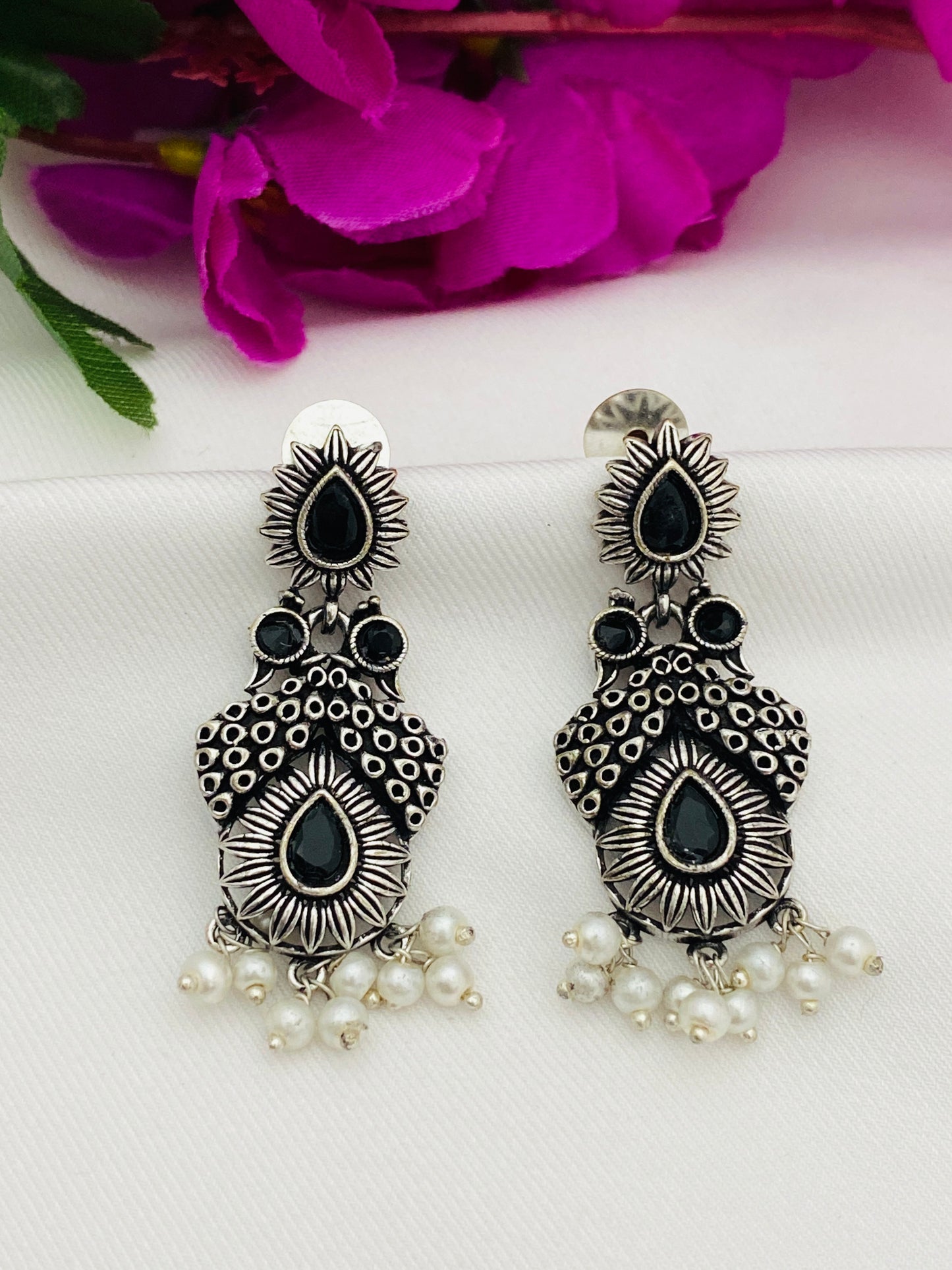Black Stone Studded Moti Earring With Silver Toned Oxidized Plating Near Me