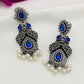 Beautiful Blue Stone Beaded Floral Design Silver Plated Oxidized Earrings With Pearl Drops