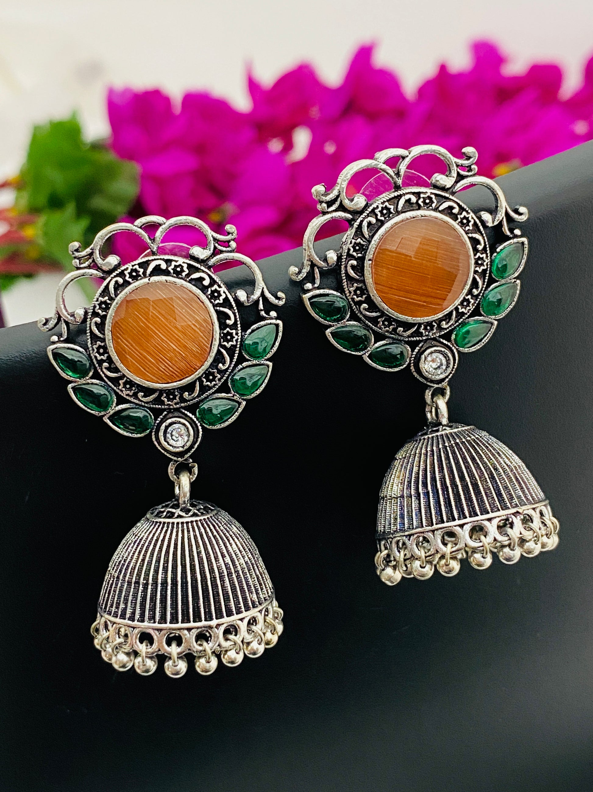 Bollywood Style Stone Beaded Jhumka Earrings in Yuma