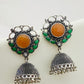 Attractive Bollywood Style Stone Beaded Floral Designed Silver Plated Oxidized Jhumka Earrings With Pearl Beads