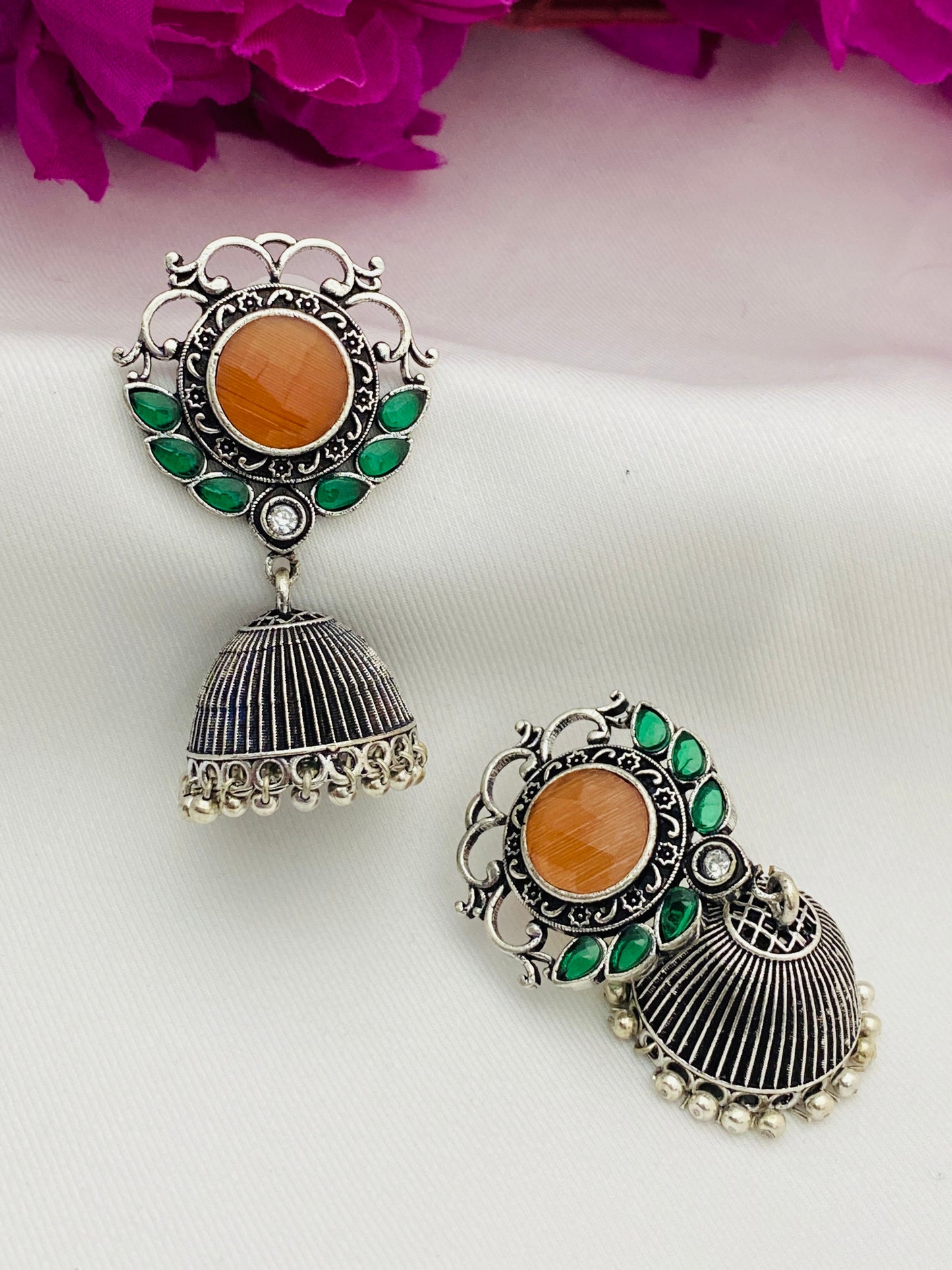  Floral Designed Silver Plated Oxidized Jhumka Earrings With Pearl Beads in Litchfield Park