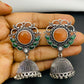  Bollywood Style Stone Beaded Floral Designed Silver Plated Oxidized Jhumka Earrings Near Me