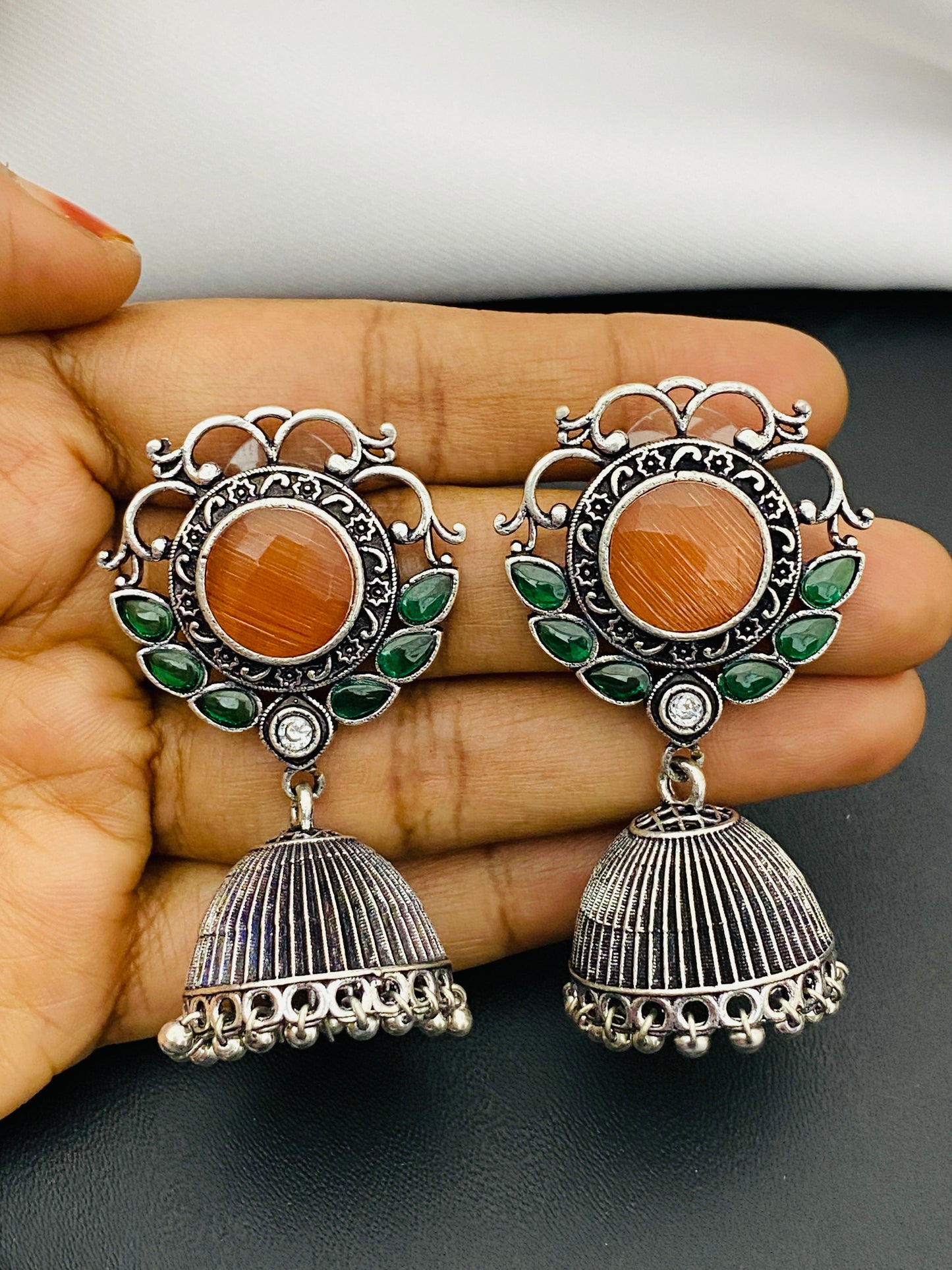  Bollywood Style Stone Beaded Floral Designed Silver Plated Oxidized Jhumka Earrings Near Me