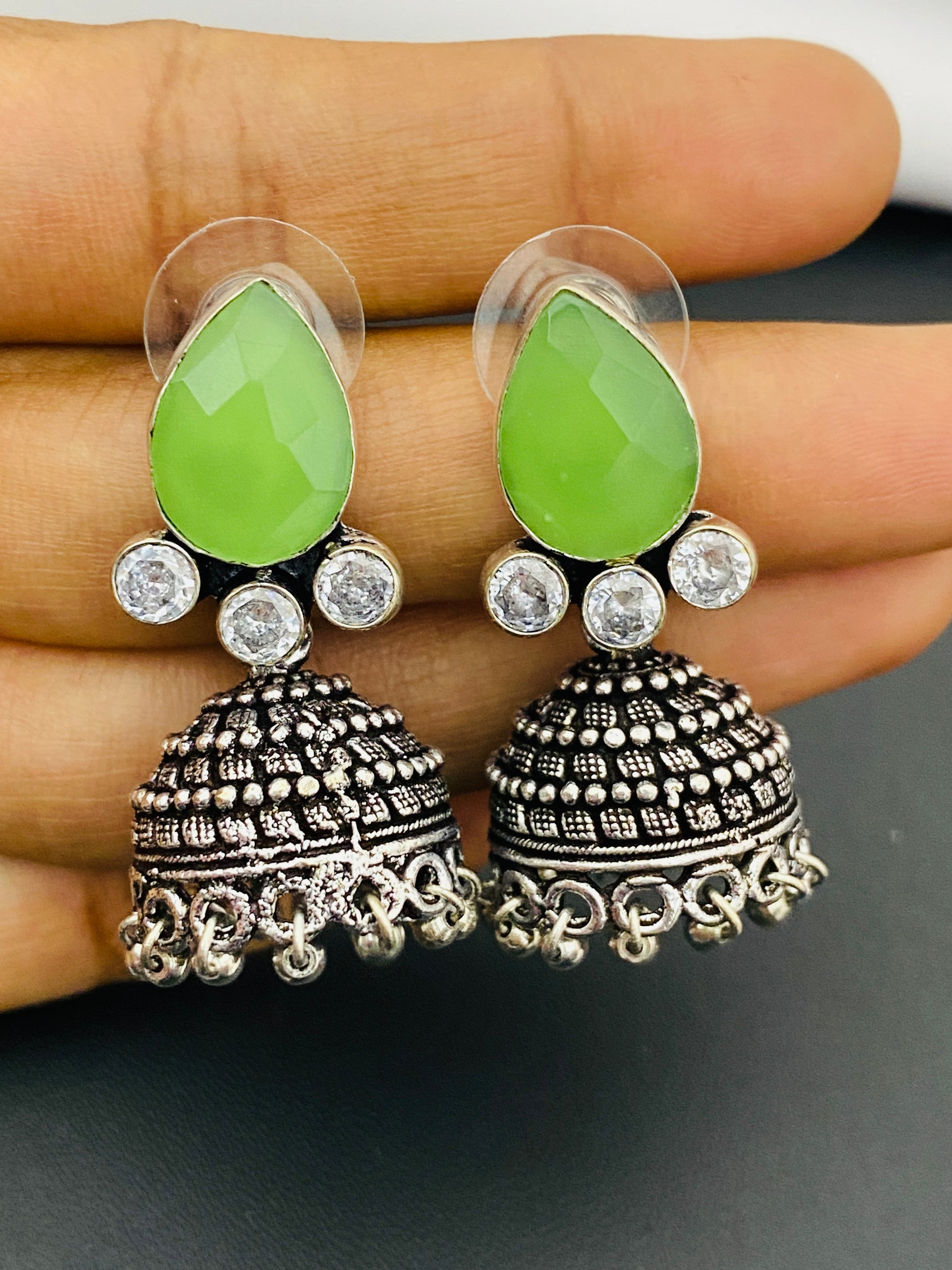  Green AD Stone Beaded Silver Toned Designer Jhumka Earrings Near Me