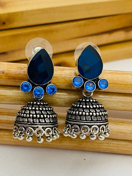 Appealing Dark Blue AD Stone Beaded Ethnic Silver Toned Oxidized Light Weighted Jhumka Earrings