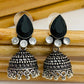 Elegant Black AD Stone Beaded German Silver Plated Jhumka Earrings With Black Pearl Drops