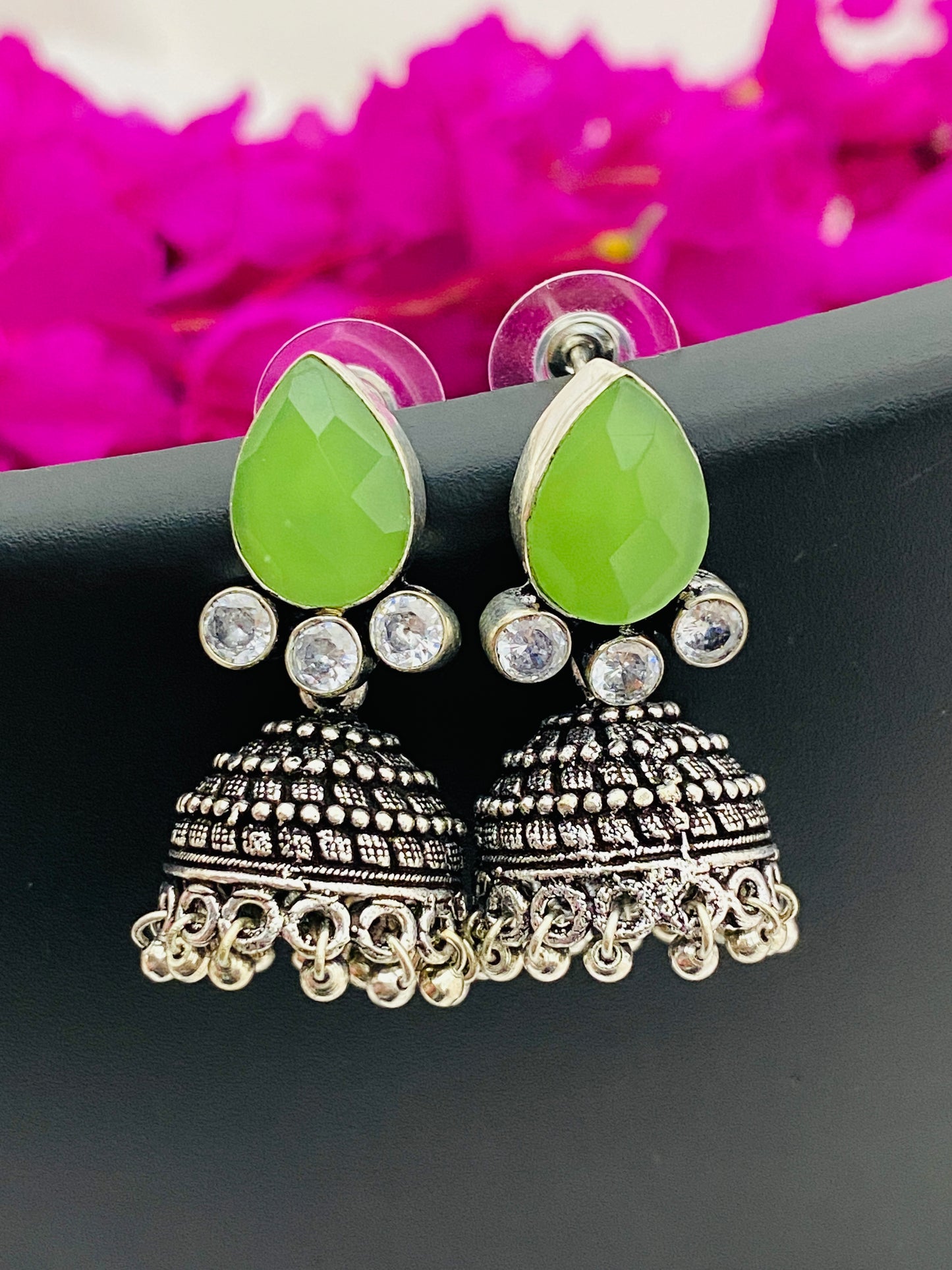 Lovely Green AD Stone Beaded Silver Toned Designer Jhumka Earrings in USA